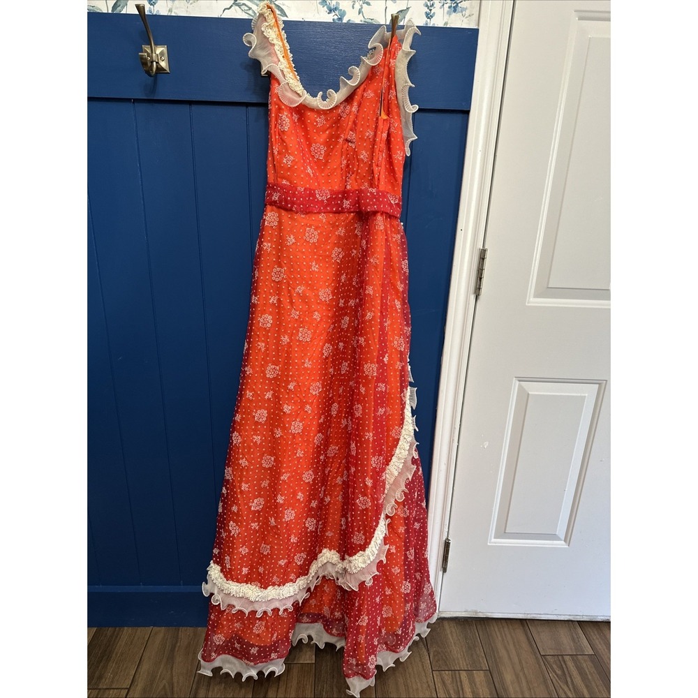 VTG Nadine Red-Orange Chiffon/ White Flocked Floral/‎ Halter Ruffle Dress
